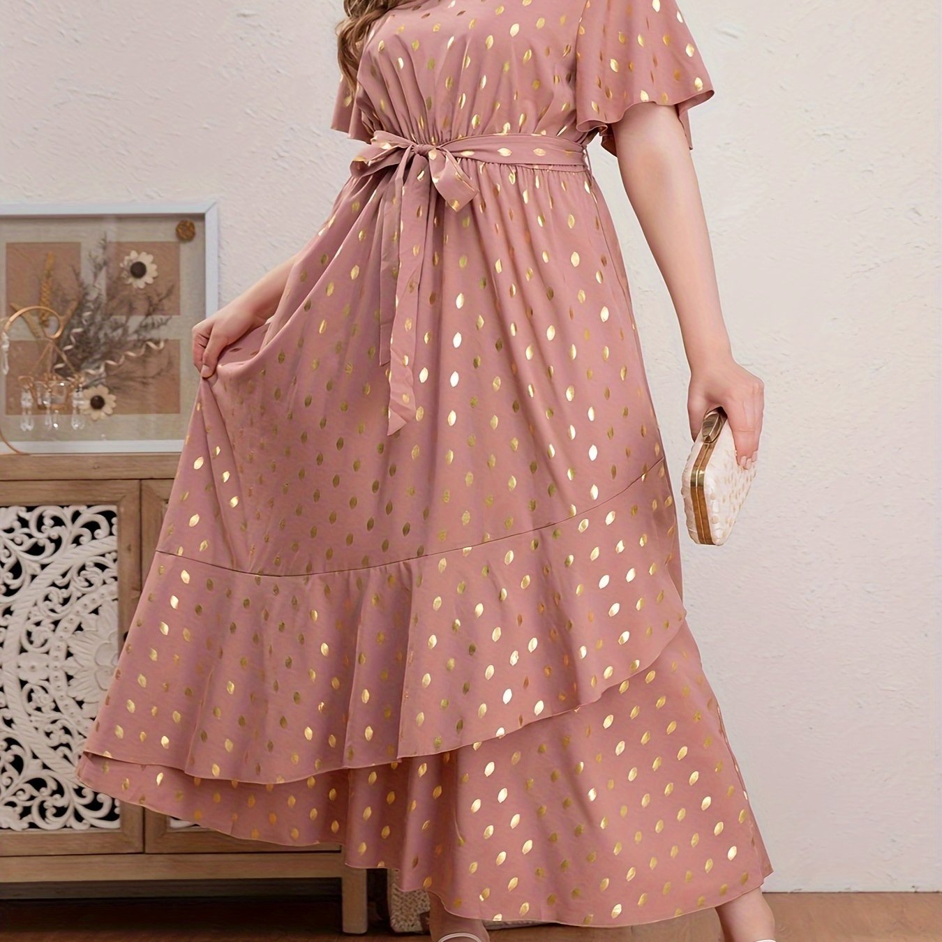 Women's Plus Golden Dot Print Maxi Dress with Belt