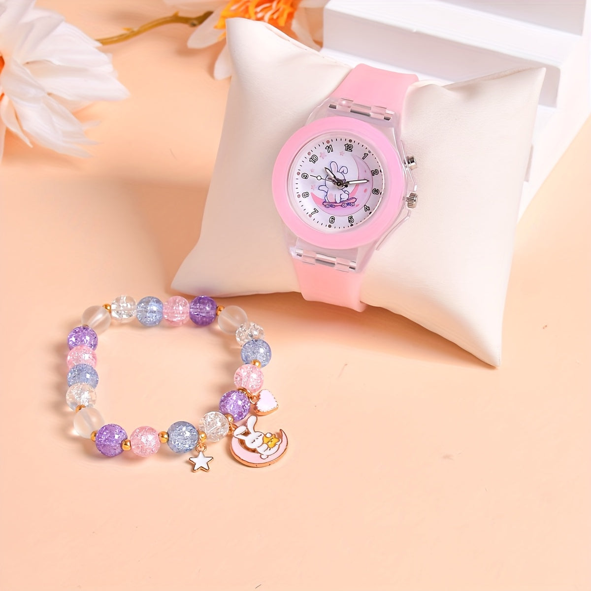 Cartoon Moon Rabbit Silicone Strap Girls Watch Set