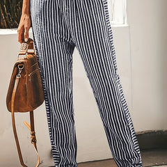 Striped Straight Leg Pants High Waist Drawstring