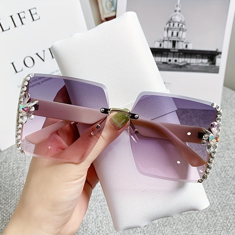 Rhinestone Rimless Sunglasses for Women Gradient UV400 Sun Shades