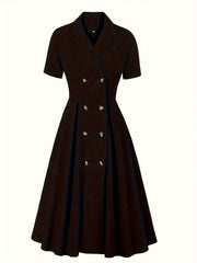 Retro Dress Women's Plus Solid Double Breast Button Short Sleeve