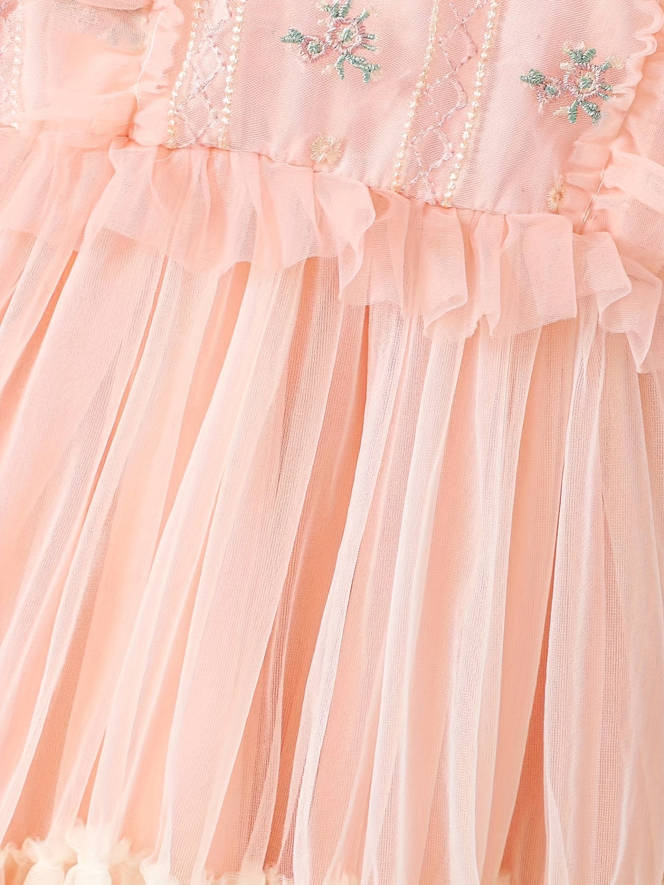 Embroidered Flutter Trim Mesh Dress for Girls