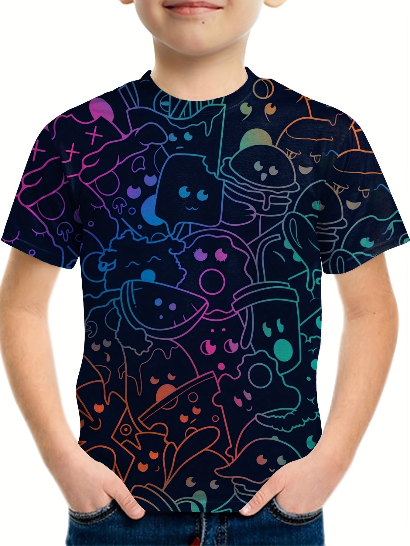 Gradient Cartoon Line Print Boy's Casual Short Sleeve T-shirt