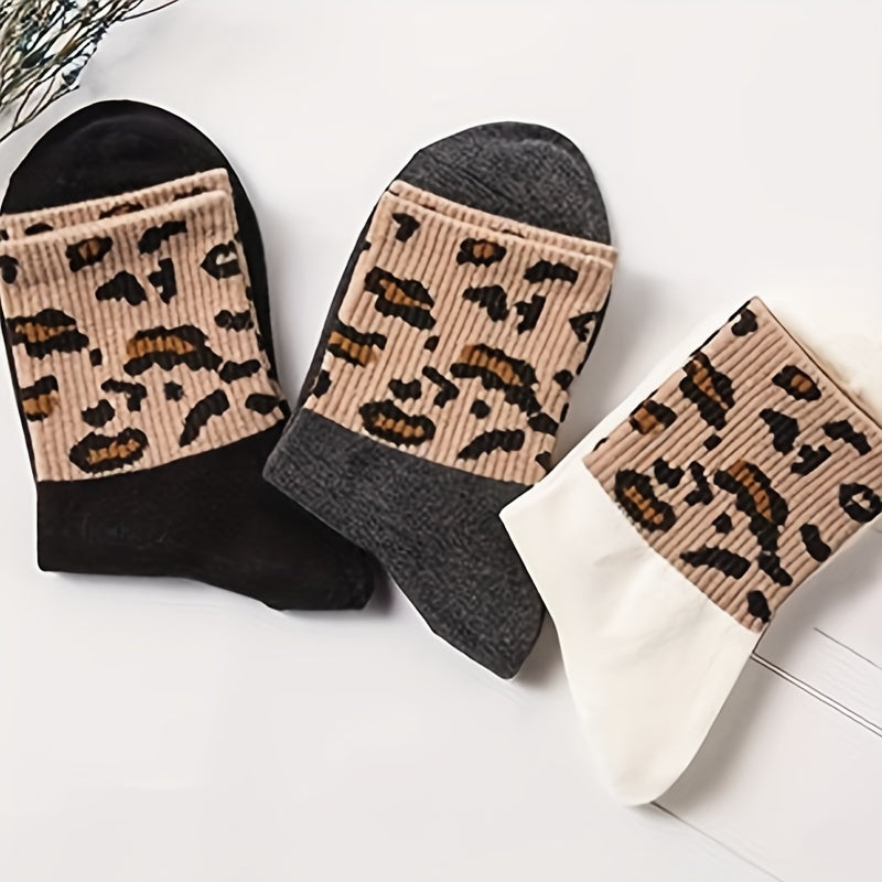 6 Pairs Leopard Stitching Socks Comfy Breathable Mid Tube Women's Stockings