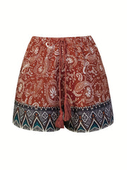 Boho Shorts Women's Plus Paisley Border Print Drawstring Vacay Shorts