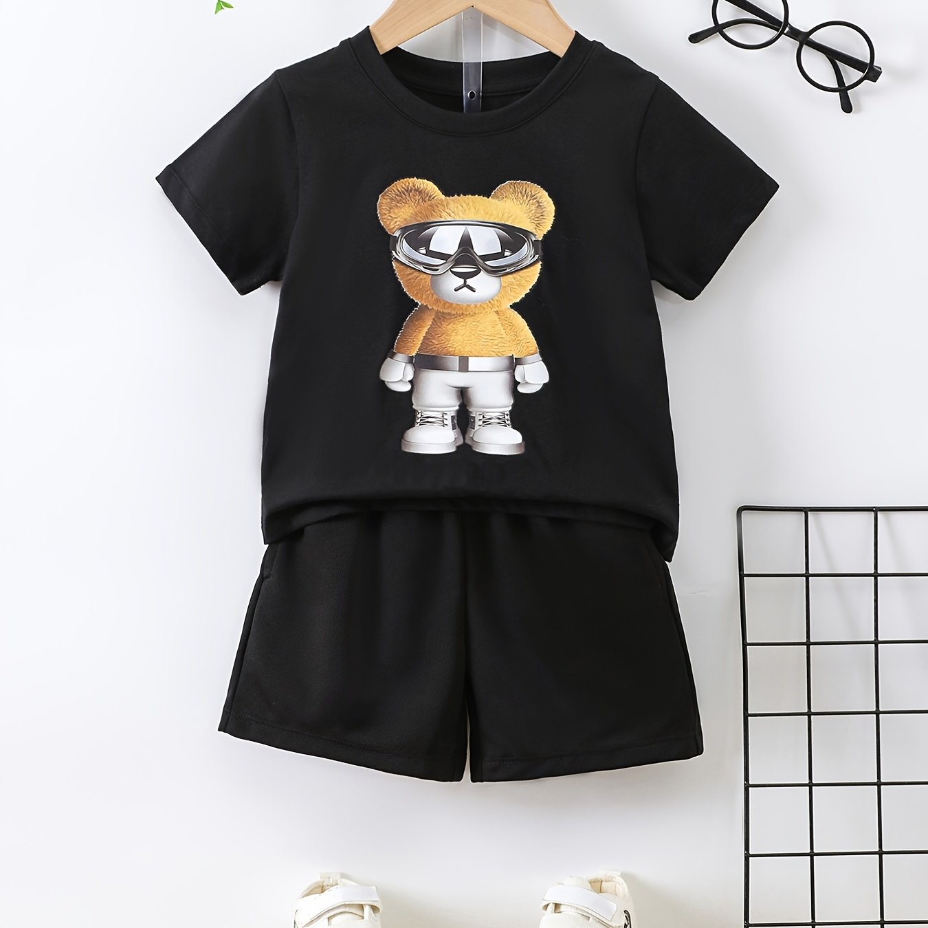 Boys Bear Graphic Outfit Short Sleeves Round Neck T shirt & Shorts