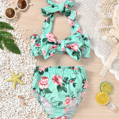 2pcs Baby Girls Bowknot Floral Halter Top & Shorts Swimsuit Bikini Set