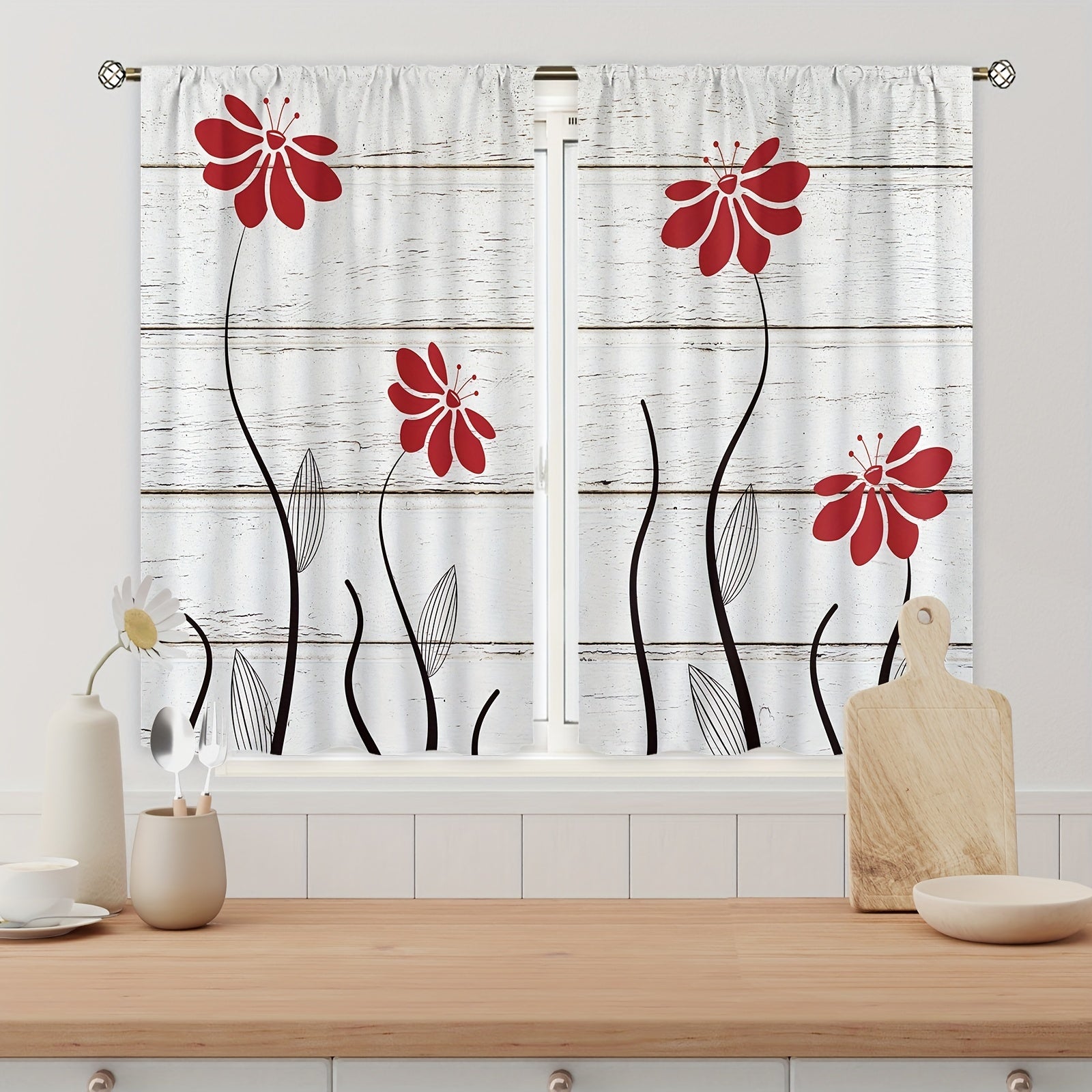 Red Flower Pattern Curtains Floral Petals Rod Pocket Plant Wooden Printed Curtai