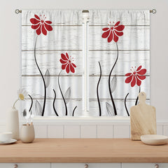 Red Flower Pattern Curtains Floral Petals Rod Pocket Plant Wooden Printed Curtai