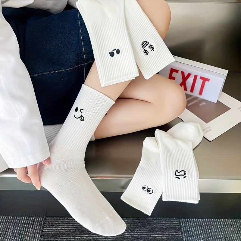 5 Pairs Expression Print Socks Cute Cartoon Crew Socks Women's Stockings