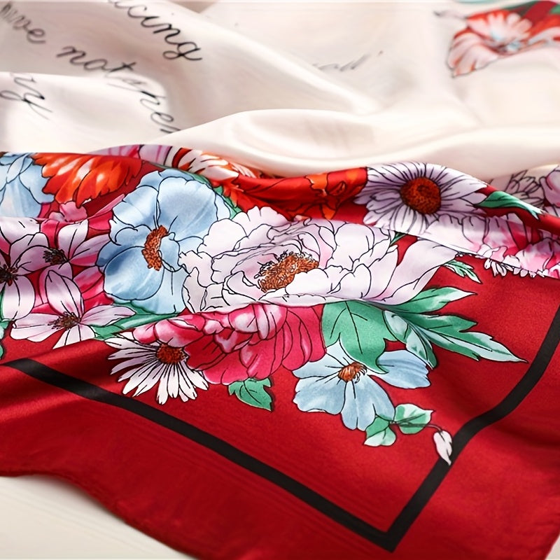 Vintage Flower Print Satin Scarf Large Shawl Women Head Wrap Bandana