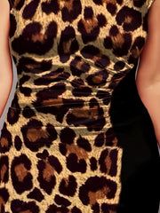 Colorblock Leopard Print Boat Neck Slim Fit Dress