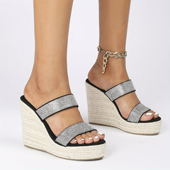 Women's Rhinestone Wedge Sandals Double Strap Platform Espadrille Shoes
