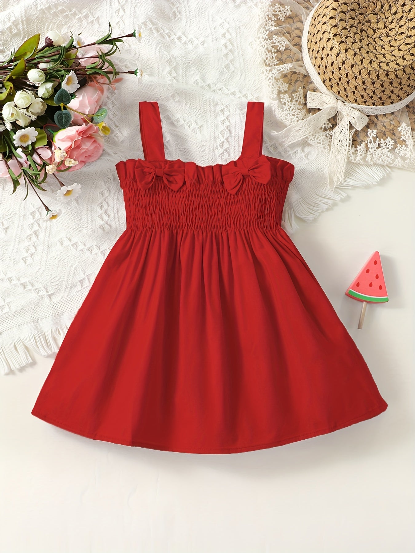 Girls Shirred Bow Puffy Cami Dress For Summer Holiday Party