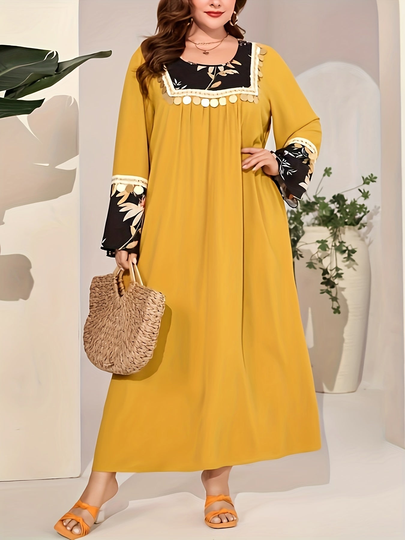 Boho Abaya Dress Women's Plus Floral Print Sequin Tassel Decor