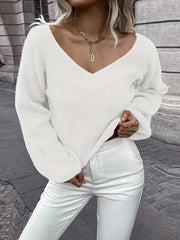 V Neck Casual Sweater Long Sleeve Solid Jumper