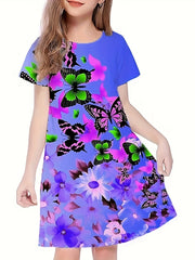 Butterfly Print Short Sleeve Dress for Summer Party Girls