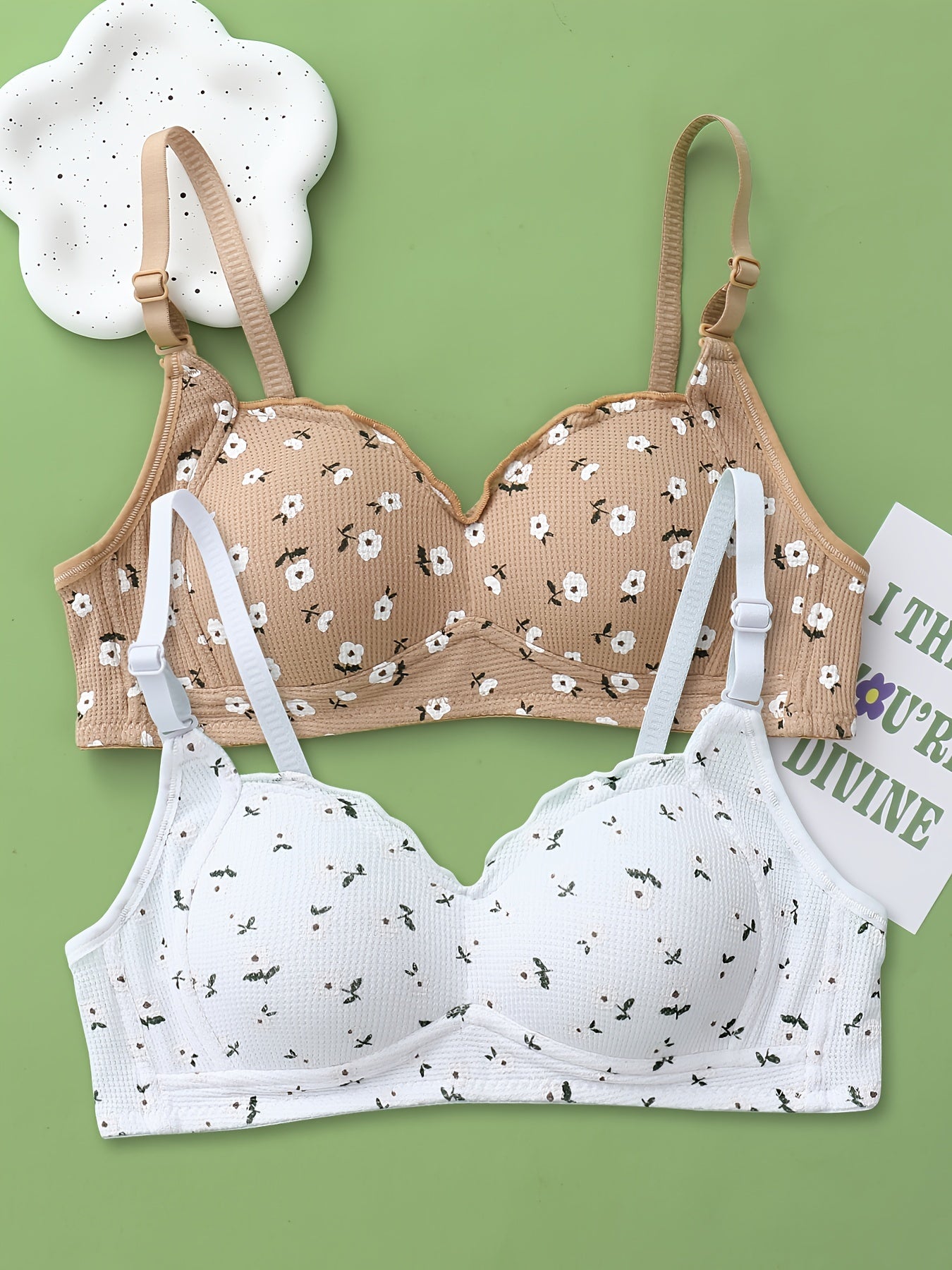 2pcs Floral Print Adjustable Strap Teen Bras