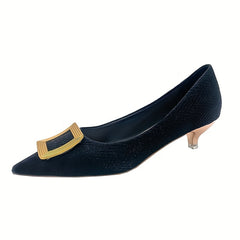 Square Buckle Kitten Heels Pointed Toe Pumps Slip On Versatile Dress Shoes