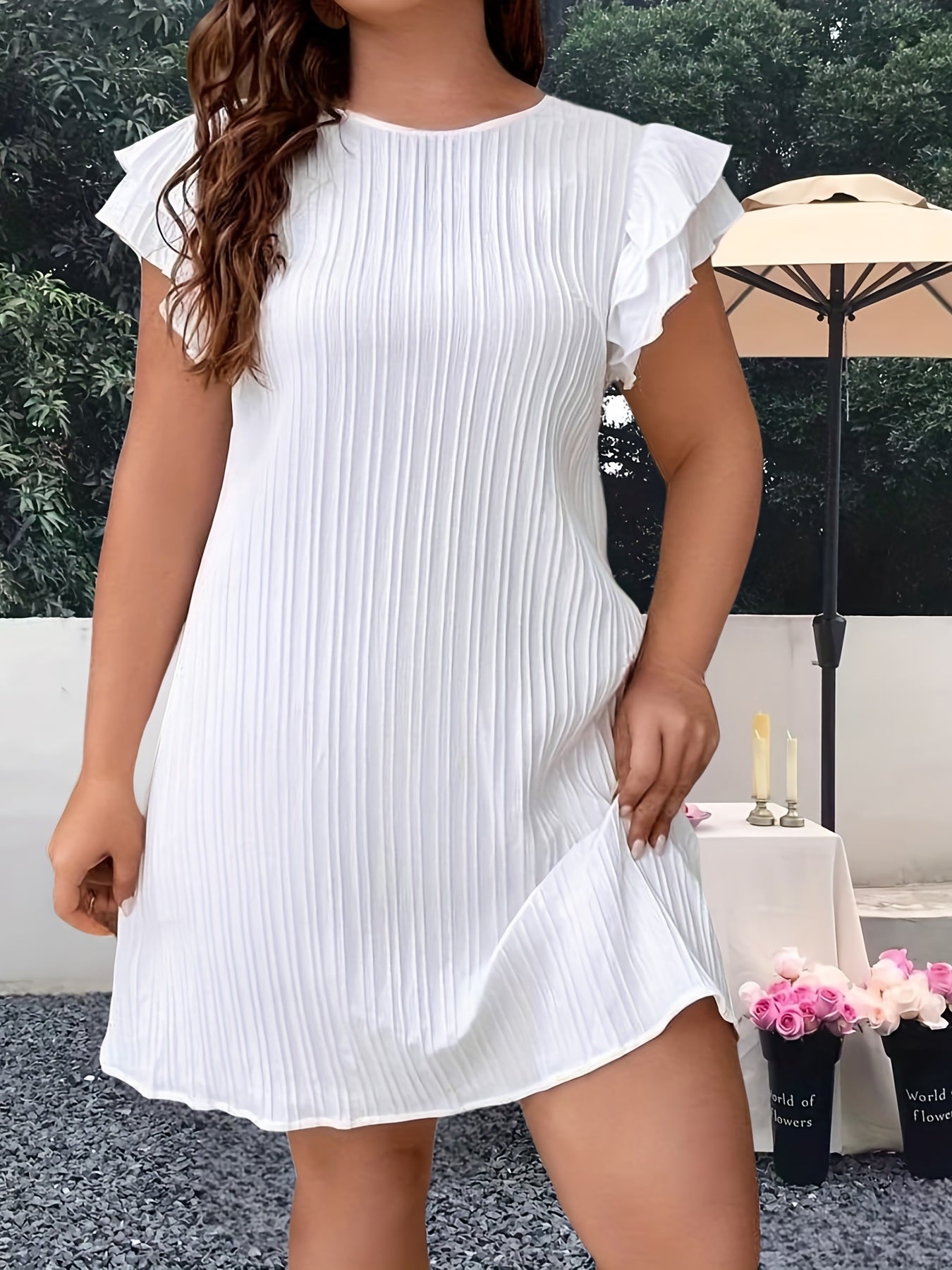 Casual Dress Women's Plus Solid Ruffle Sleeve Round Neck Dress