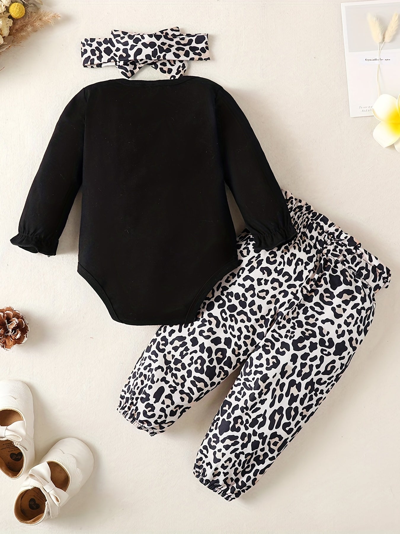 Baby Girl Long Sleeve Romper & Leopard Pant & Headband Set