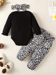 Baby Girl Long Sleeve Romper & Leopard Pant & Headband Set
