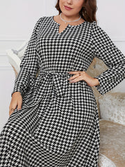 Women's Houndstooth Print Maxi Dress With Belt