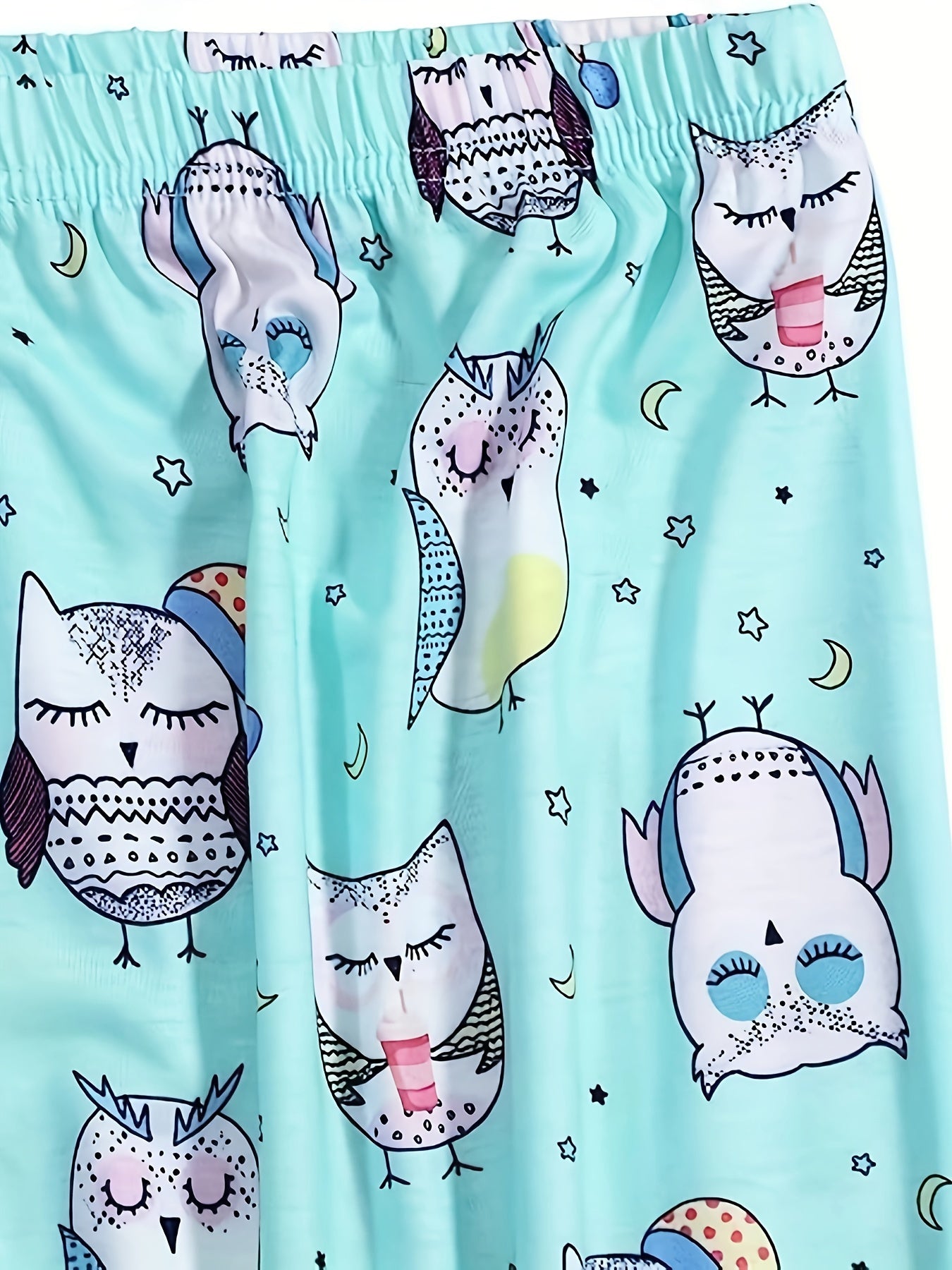 Cartoon Owl Print Pajama Set Short Sleeve V Neck Top & Elastic Waistband Pants