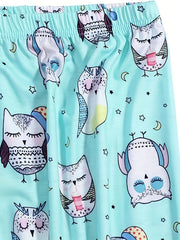 Cartoon Owl Print Pajama Set Short Sleeve V Neck Top & Elastic Waistband Pants
