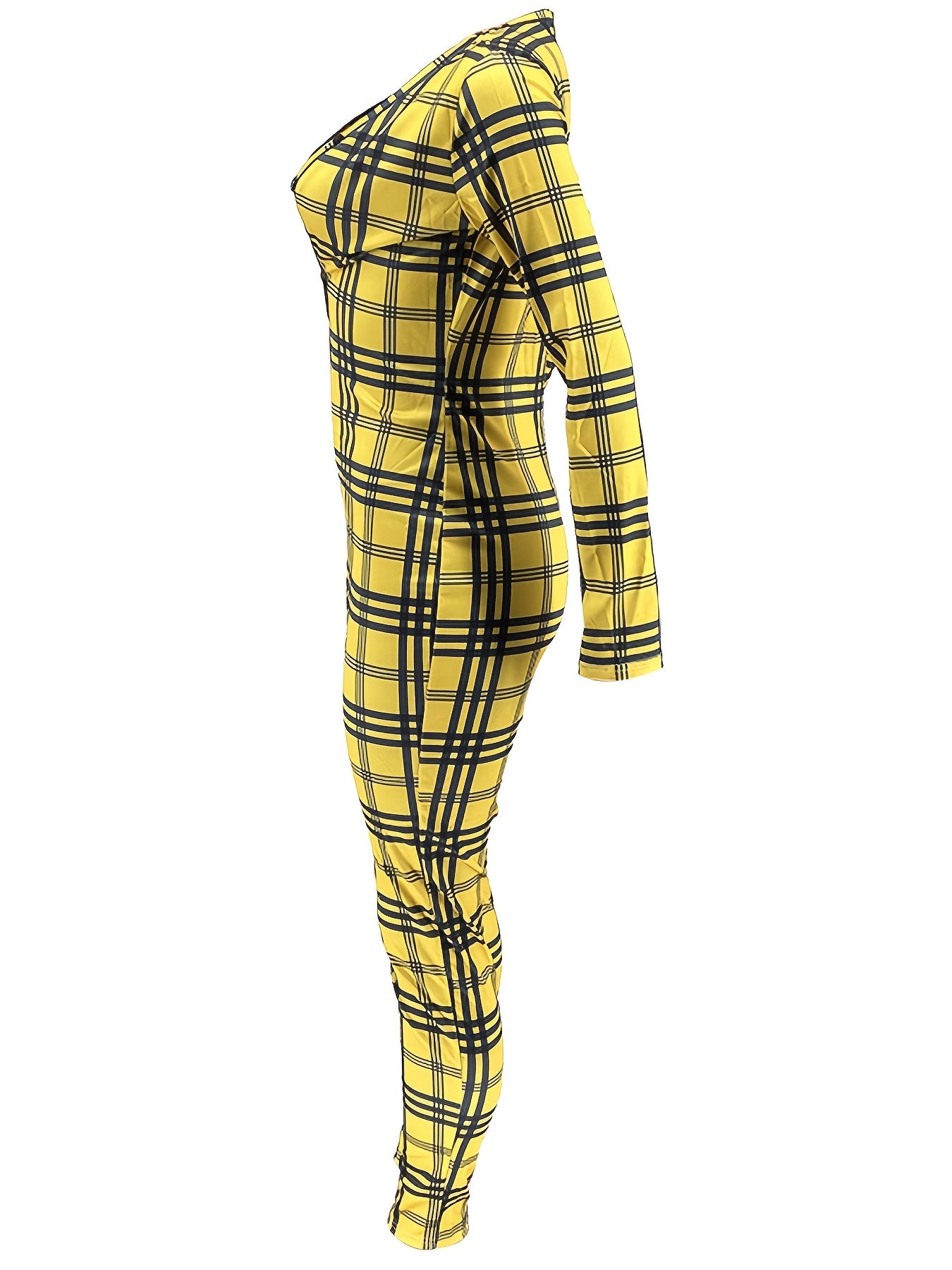 Plaid Skinny V Neck Jumpsuit Casual Long Sleeve Stretchy Jumpsuit