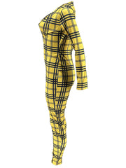 Plaid Skinny V Neck Jumpsuit Casual Long Sleeve Stretchy Jumpsuit
