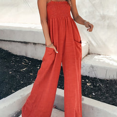 Wide Leg Sleeveless Jumpsuit Solid Shirred Spaghetti
