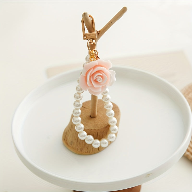 Faux Pearl Wristlet Keychain Gradient Matte Flower Key Chain