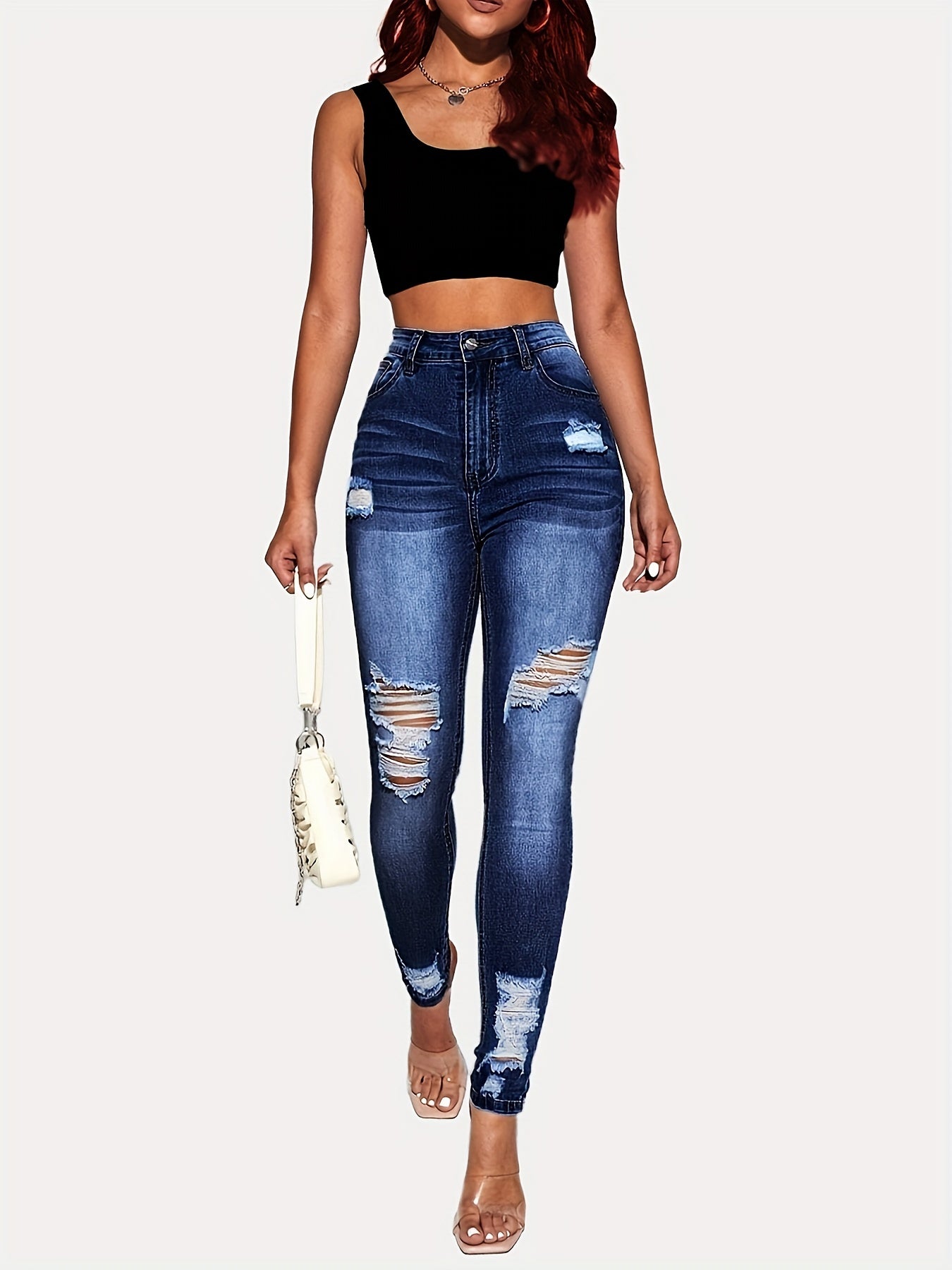 High Rise Ripped Leg Skinny Jeans Water Ripple Embossed Denim Pants
