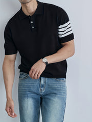 Stripe Breathable Polo Collar Sweater Men's Casual Solid Short Sleeve Sweater