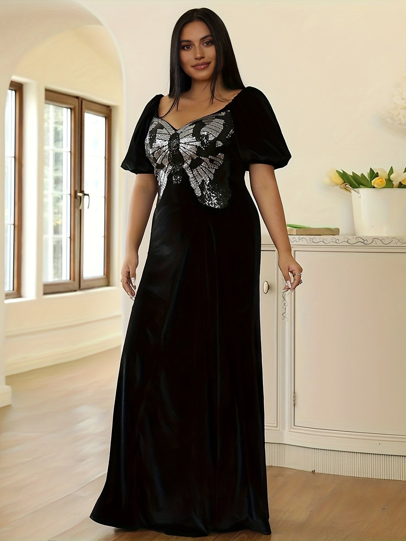 Glitter Butterfly Velvet Maxi Formal Dress