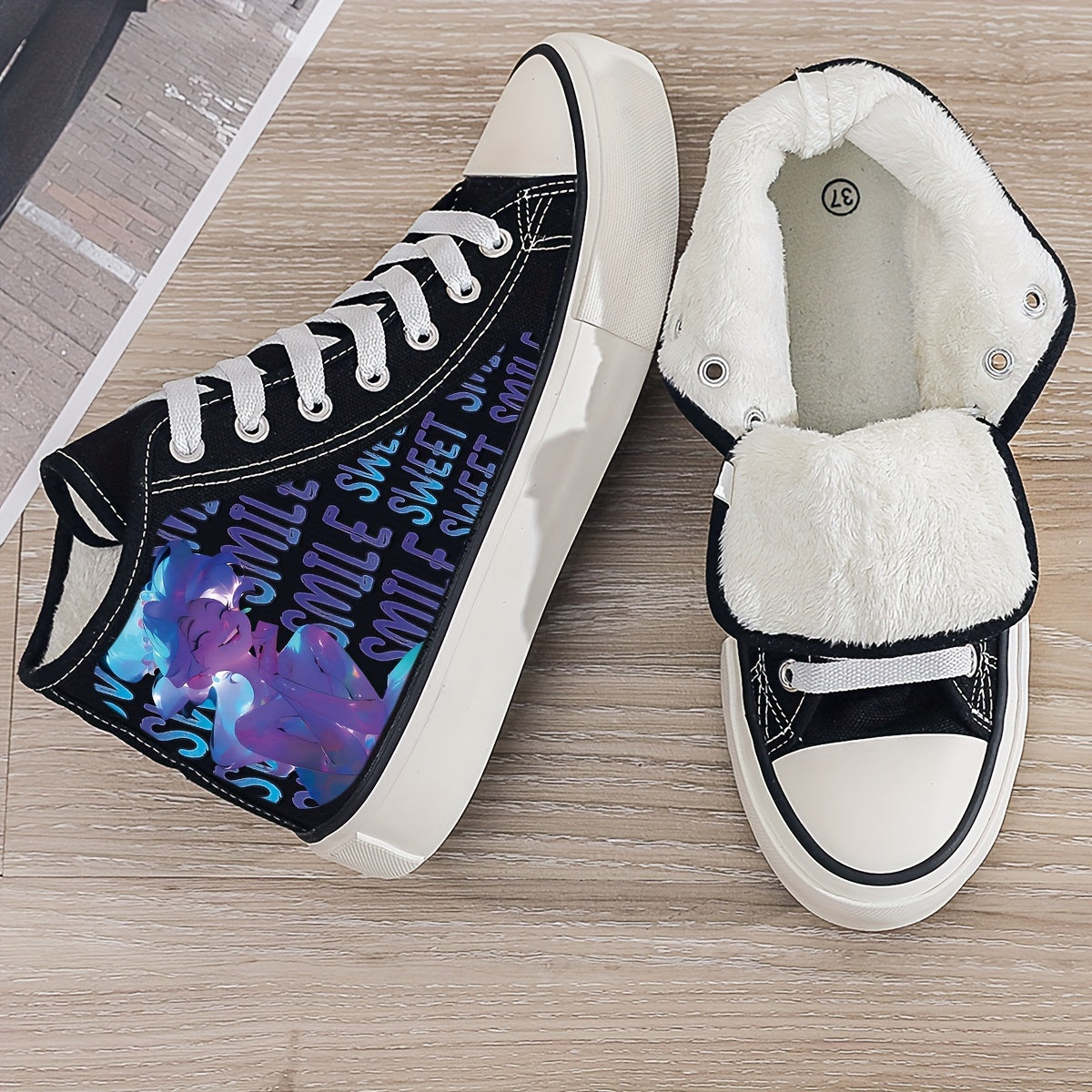 Anime Girl Print Plush Lined Thermal Canvas Sneakers