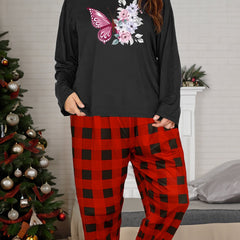 Butterfly Print Tee & Plaid Pants Pajamas Set