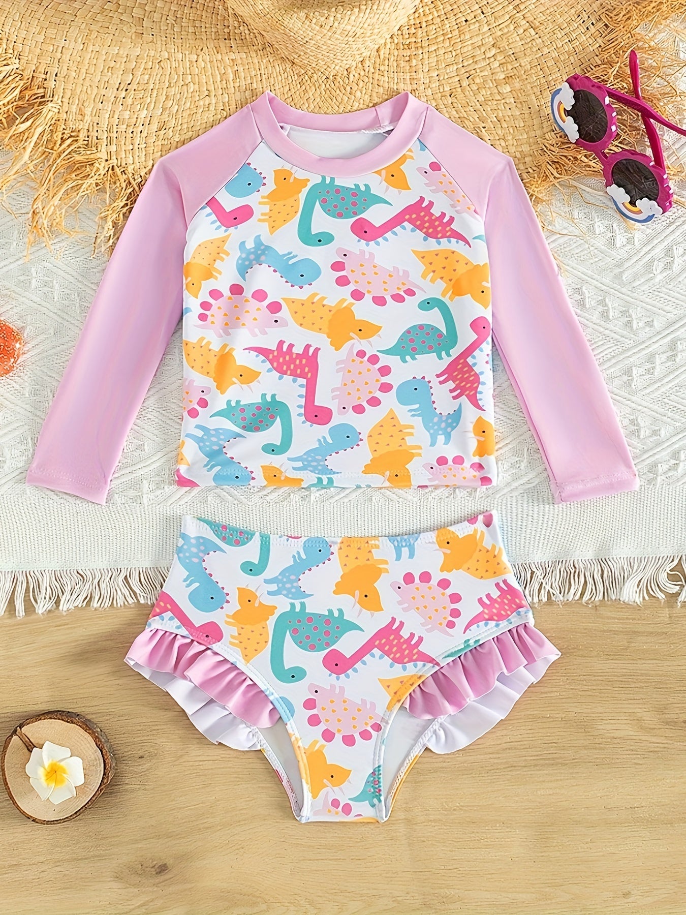Dino Print 2pc Swimsuits Splicing Top & Ruffle Shorts Girls