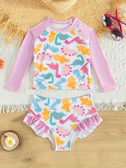 Dino Print 2pc Swimsuits Splicing Top & Ruffle Shorts Girls