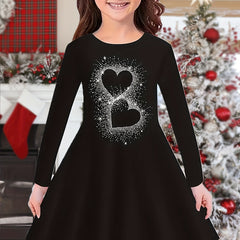 Heart Graphic Long Sleeve Dress Girls Crew Neck Dresses For Party Gift