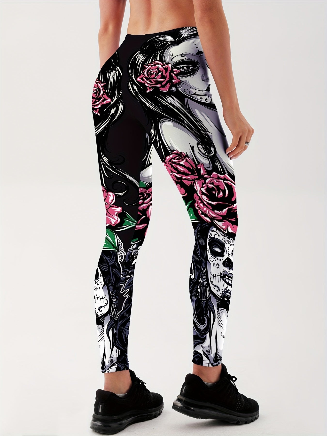 Girls Rose Print Yoga Leggings Mid Waist Fitness Workout Exercise Sports Pants