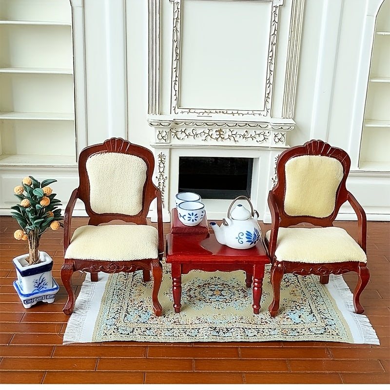 Dollhouse Vintage Red Wooden Armchair Coffee Table Set of Three