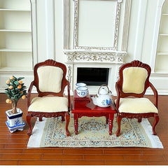 Dollhouse Vintage Red Wooden Armchair Coffee Table Set of Three