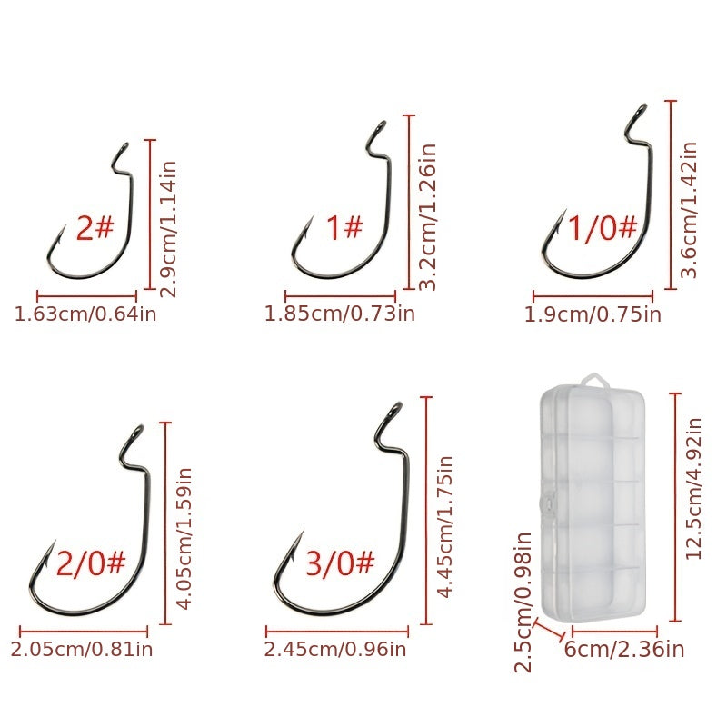 50pcs High Carbon Steel Worm Hooks with Tackle Box for Saltwater Fishing