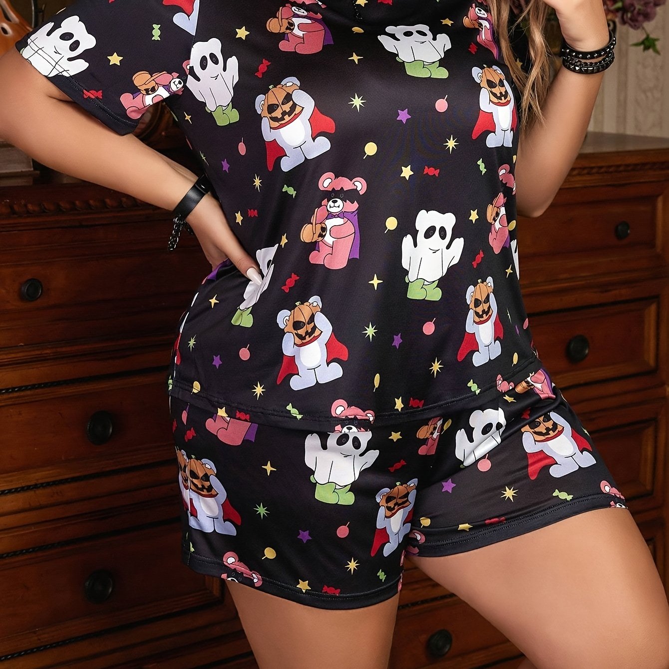 Cartoon Ghost & Pumpkin Print Pajama Set
