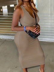 Ribbed V Neck Maxi Dress Medium Stretch Slim Fit
