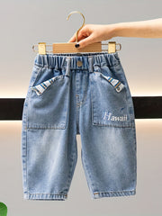 Boys Denim Jeans HAWAII Print Cropped Pants With Pockets