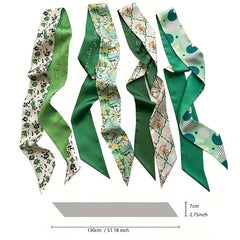 Green Floral Print Skinny Scarf Silk Ribbon Necktie Neckerchief