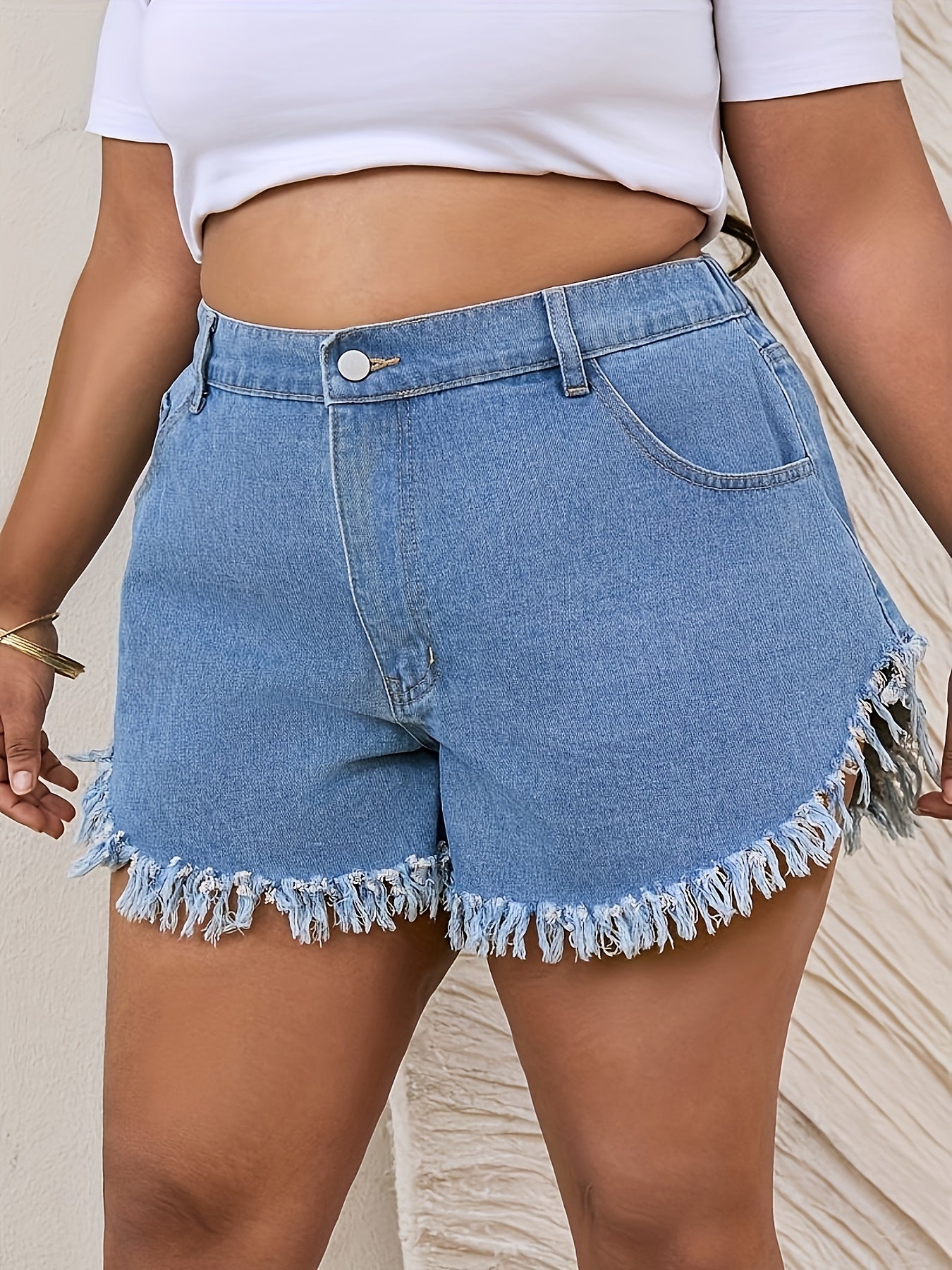 Women's Plus Fringe Trim High Rise Denim Shorts
